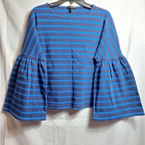 J. CREW Heavyweight Cotton Bell Sleeve Cropped Top Sz L Blue Striped Nautical